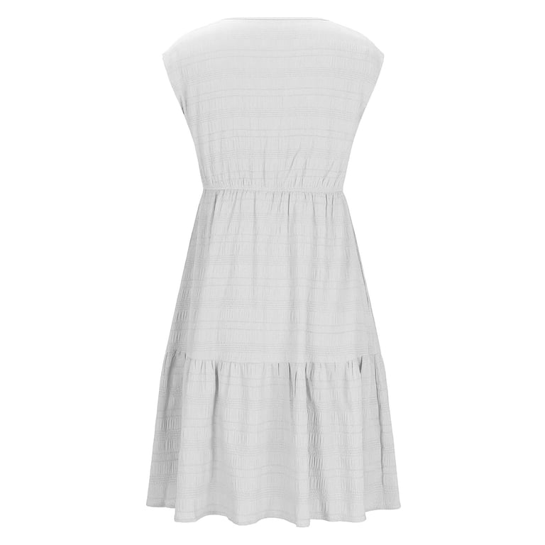 ladies white midi dresses Baberdicy Long Dress Women's Summer Casual Flutter Short Sleeve Crew Neck Smocked Elastic Waist Tiered Midi Dress Maxi Dress for Women White, Size:S-Xl