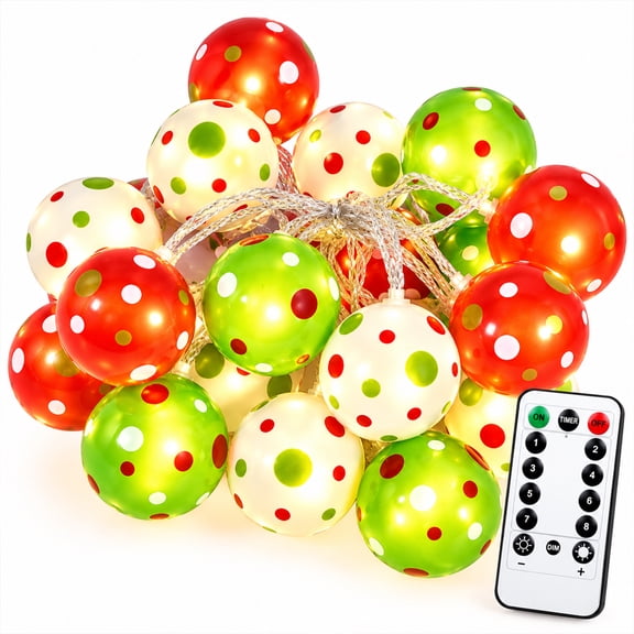 Christmas Ball String Lights for Christmas Tree Decoration, 10Ft 20 LED Battery Operated Christmas String Lights with Remote, 8 Modes & Timer, Warm Christmas Lights Indoor Outdooor for Holiday Decor