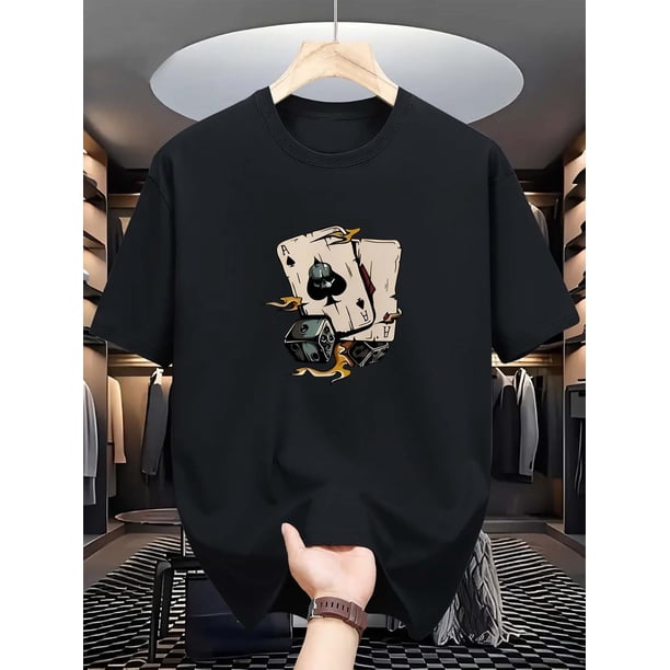 Camiseta informal de cuello redondo para hombre, 100 % algodón, ligeramente elástica, estampado Texas Hold'em, top de moda de verano, corte regular, 220 g/m² - Prenda versátil para el día a día.