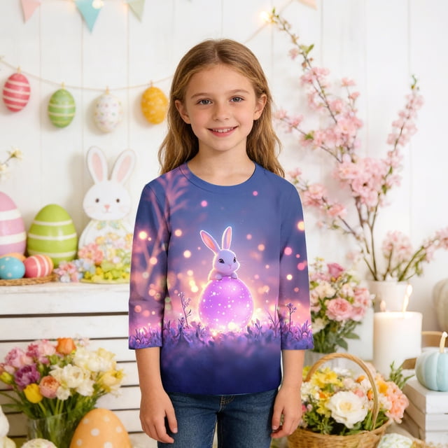 Blusas y camisas de manga larga con cuello redondo y estampado de Pascua, camiseta interior de cuello redondo y manga tres cuartos para niños de talla mediana y grande.