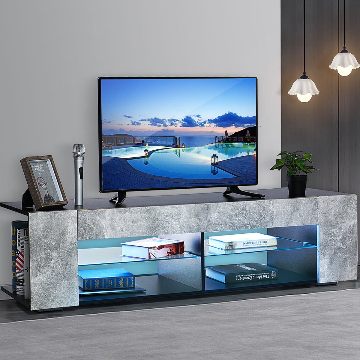 57 Inch TV Stand with Remote LED Lights, Entertainment ...
