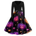 thumbnail image 2 of Women's Halloween Dress Witch Hat 1950s Long Sleeve Novelty Dresses Pumpkin Cocktail V-Neck Classic Swing Dress with Belt L, 2 of 5