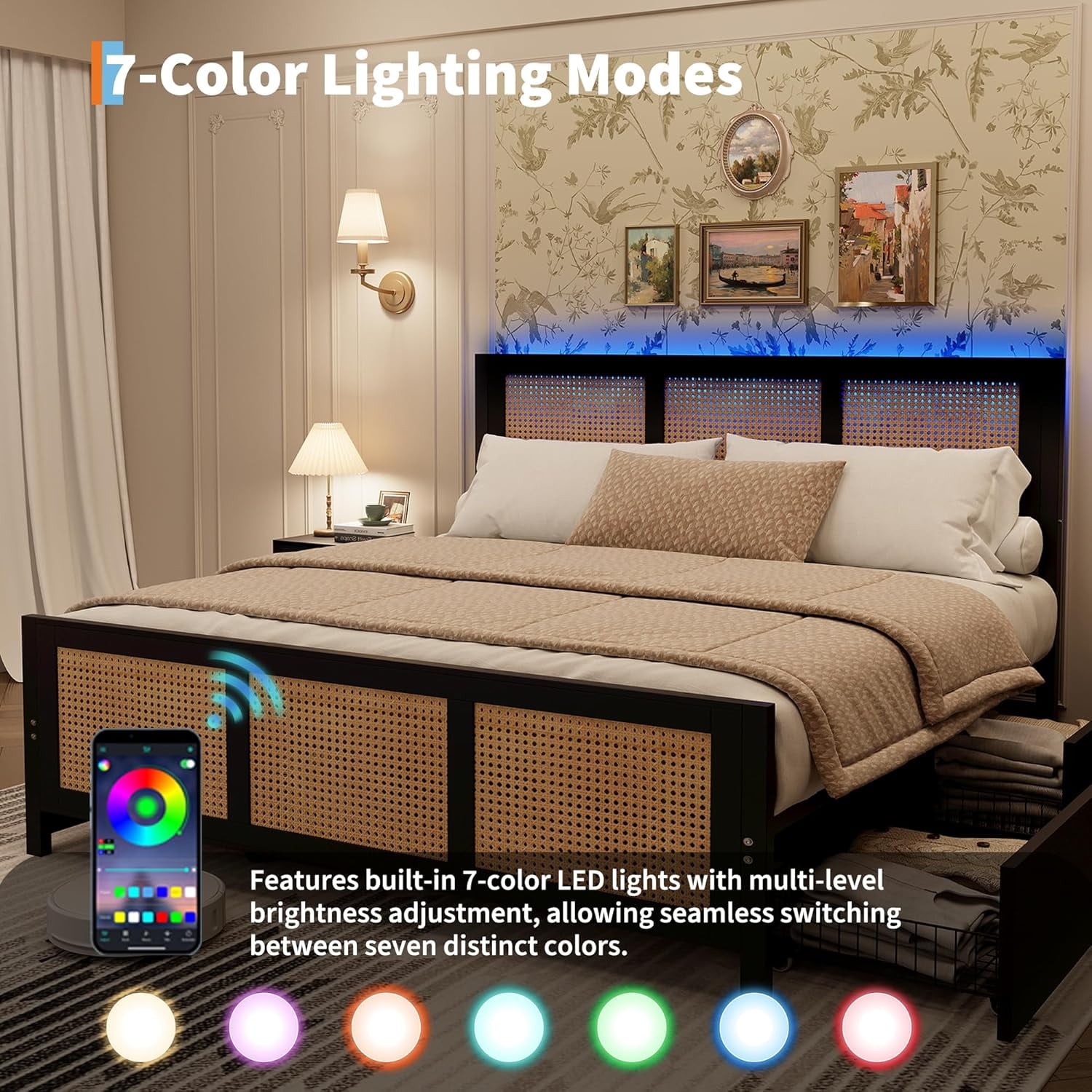 Tzou Rattan Bed Frame with Headboard & 4 Drawers - Boho Full Size Platform Bed, LED Lights, 800 lb Capacity, No Box Spring, Black