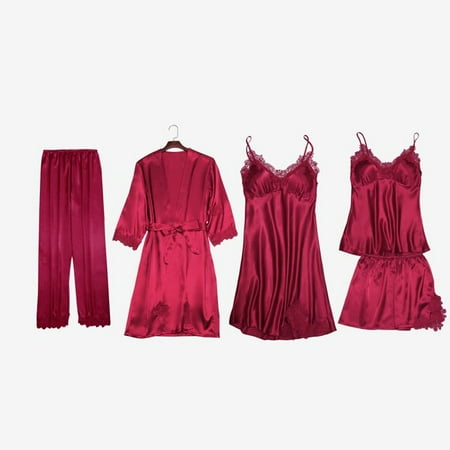 

QWZNDZGR Satin Sexy Robe sets Women Sleepwear Solid color Sleep Tops Lace Kimono Bathrobe Female Homewear Femme Nightwear Night Dress