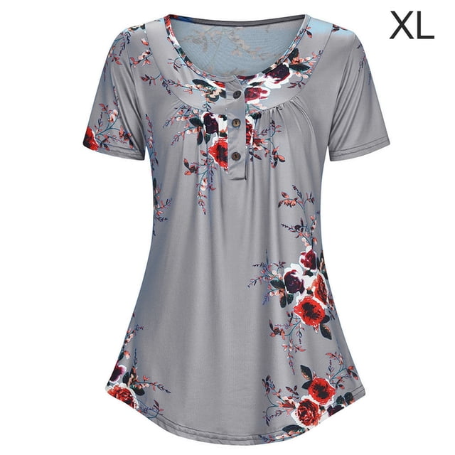 T-shirt Imprimé Femmes Été Col Rond Col Rond Col Rond T-shirt Femmes en Vrac Haut, Gris, XL