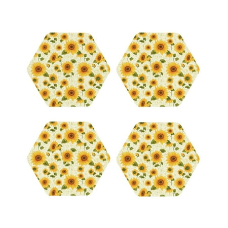 

Junzan European-style Pattern Sunflower Print Coasters for Drinks - Leather Coasters Set of 4 for Coffee Table for Housewarming/Kitchen/Bar/Decor-Hexagon