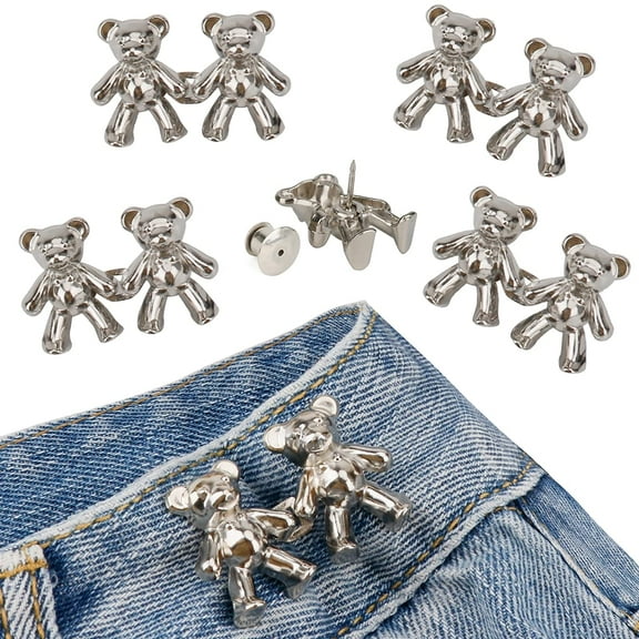 NAMZI Cute Bear Button Pins for Jeans, No Sew and No Tools Instant Pant Waist Tightener, Adjustable Jean Buttons Pins for Loose Jeans 4 Sets Jeans Button Replacement Pant Clips for Waist Buckle