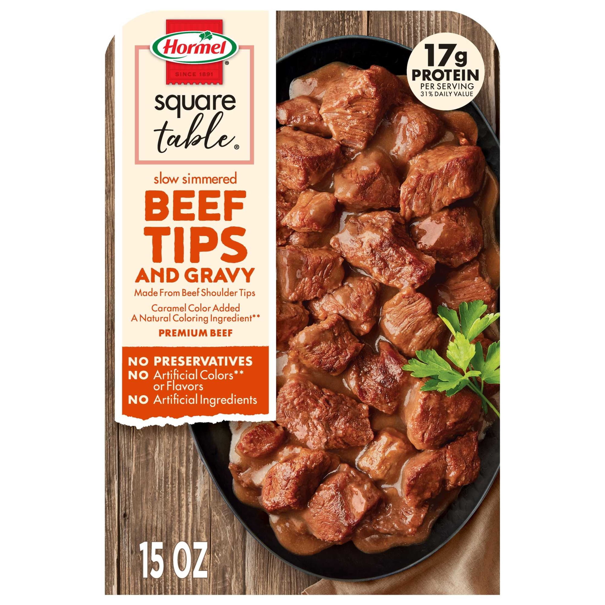 HORMEL SQUARE TABLE Slow Simmered Beef Tips and Gravy, Beef Shoulder Cuts, Refrigerated, 15 oz Plastic Microwaveable Tray