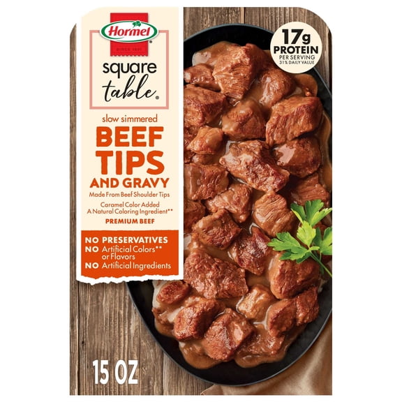 HORMEL SQUARE TABLE Slow Simmered Beef Tips and Gravy, Beef Shoulder Cuts, Refrigerated, 15 oz Plastic Microwaveable Tray
