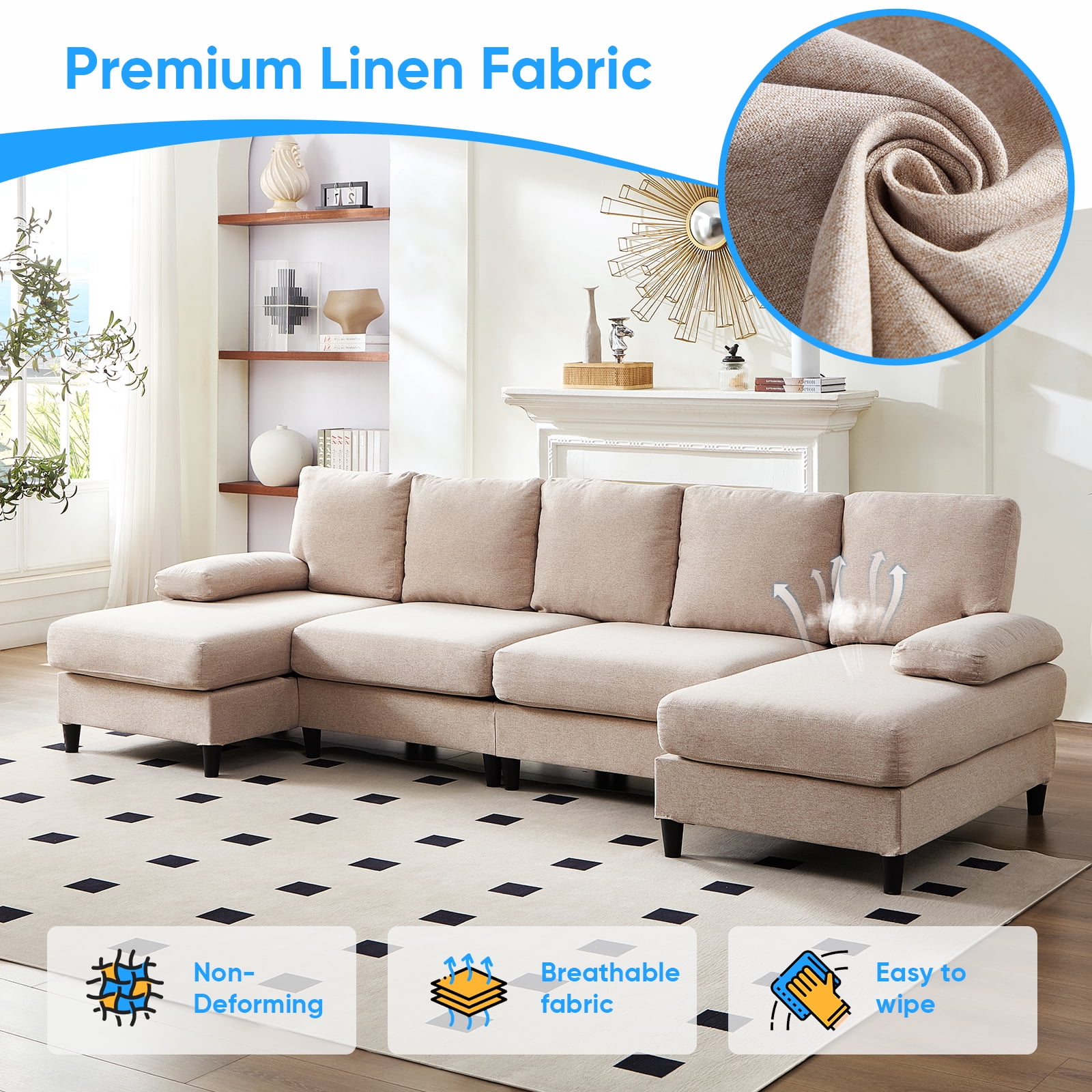 Mjkone U-Shaped Sectional Sofa, 4 Seater Sectional Couch with Chaise, Modular Sleeper Sectionals for Living Room-Beige