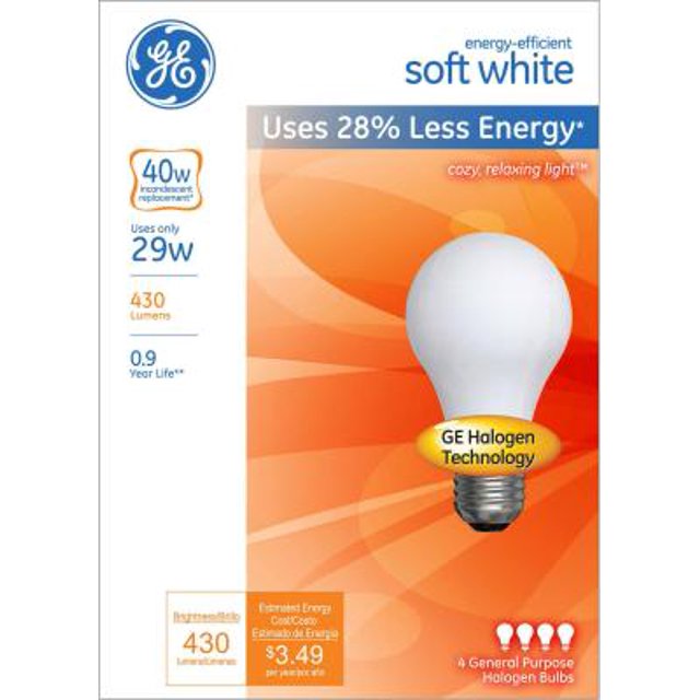 GE Lighting HaloGE Lightingn Light Bulbs, A19 Light Bulbs, 40-Watt, 430 Lumen, Medium Base, Soft White, 4-Pack, GE Lightingneral Purpose White Light Bulbs, Replacement for 100-Watt Light Bulbs in t...