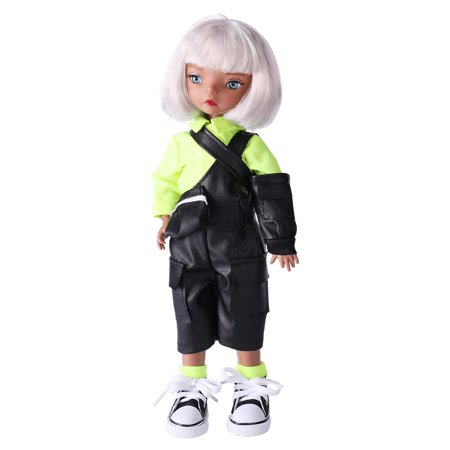 QUEBAN Doll by Sileas-Poseable Fashion Doll with Black Overalls and Short White Hair,A Pair of Designer Recommended Interchangeable Hand,Great Gift for Kids 6-12 Years Old and Collectors-11 ½ in