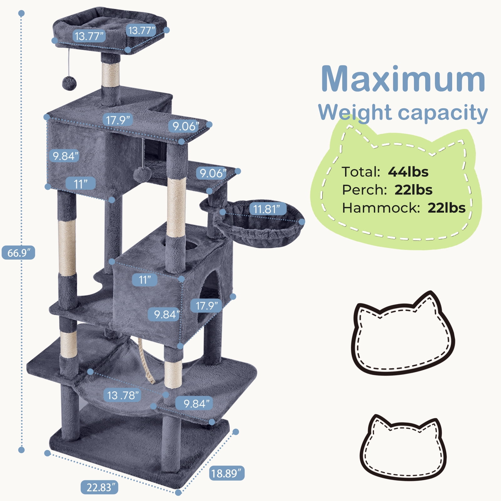 CONCETTA 66in Multi Level Cat Tree Tower,Cat Scratching Posts with Large Top Perch and Hammock,Gray