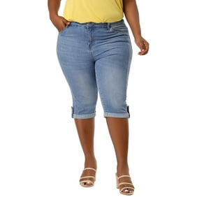 Agnes Orinda Women's Plus Size Shorts Skinny Denim Rolled Hem Stretch Capri Jeans