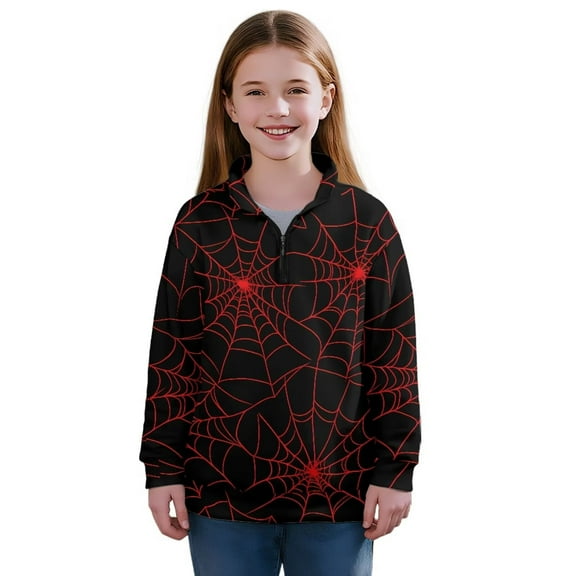 Uorisanigo Girls Oversized Sweatshirts Red Cobweb Half Zip Pullover Sweatshirt for Teen Girl Lightweight Long Sleeve Pullover Top Quarter Zip Hoodies No Hood Fall Winter Clothes