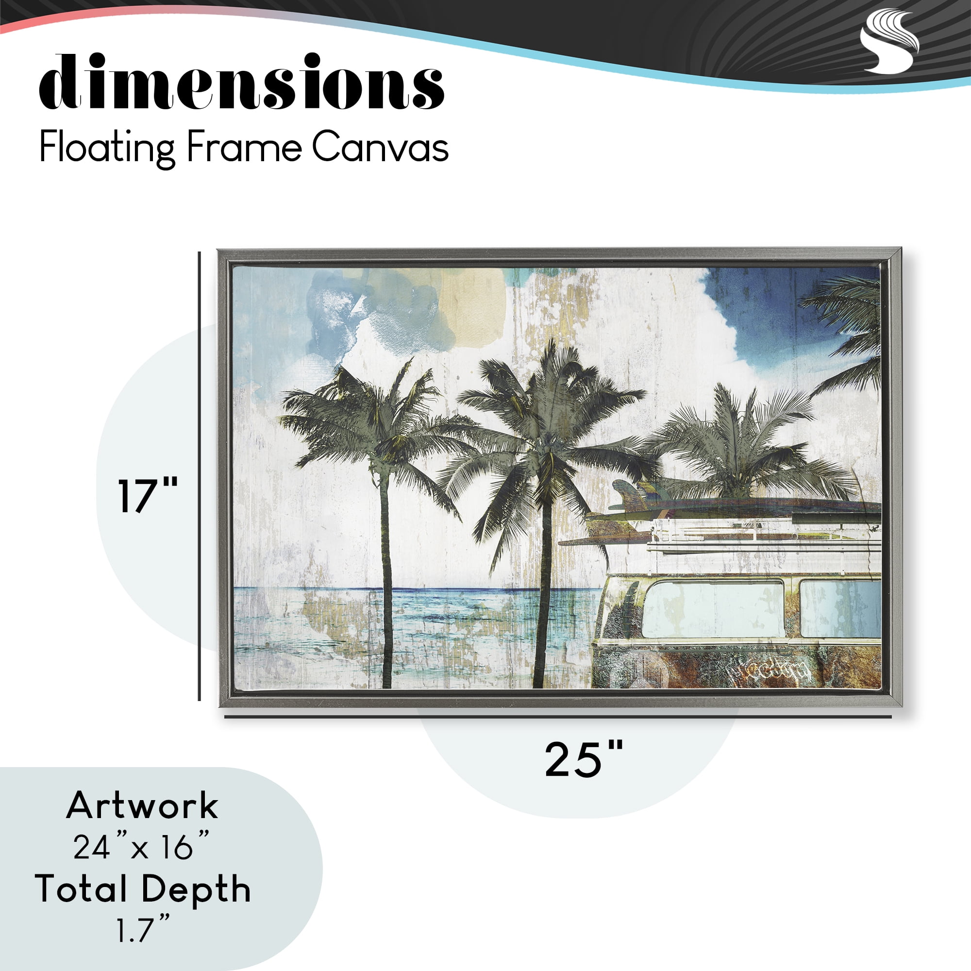 Beach Day Retro Vacation Gray Framed Floater Canvas Wall Art, design by Sasha