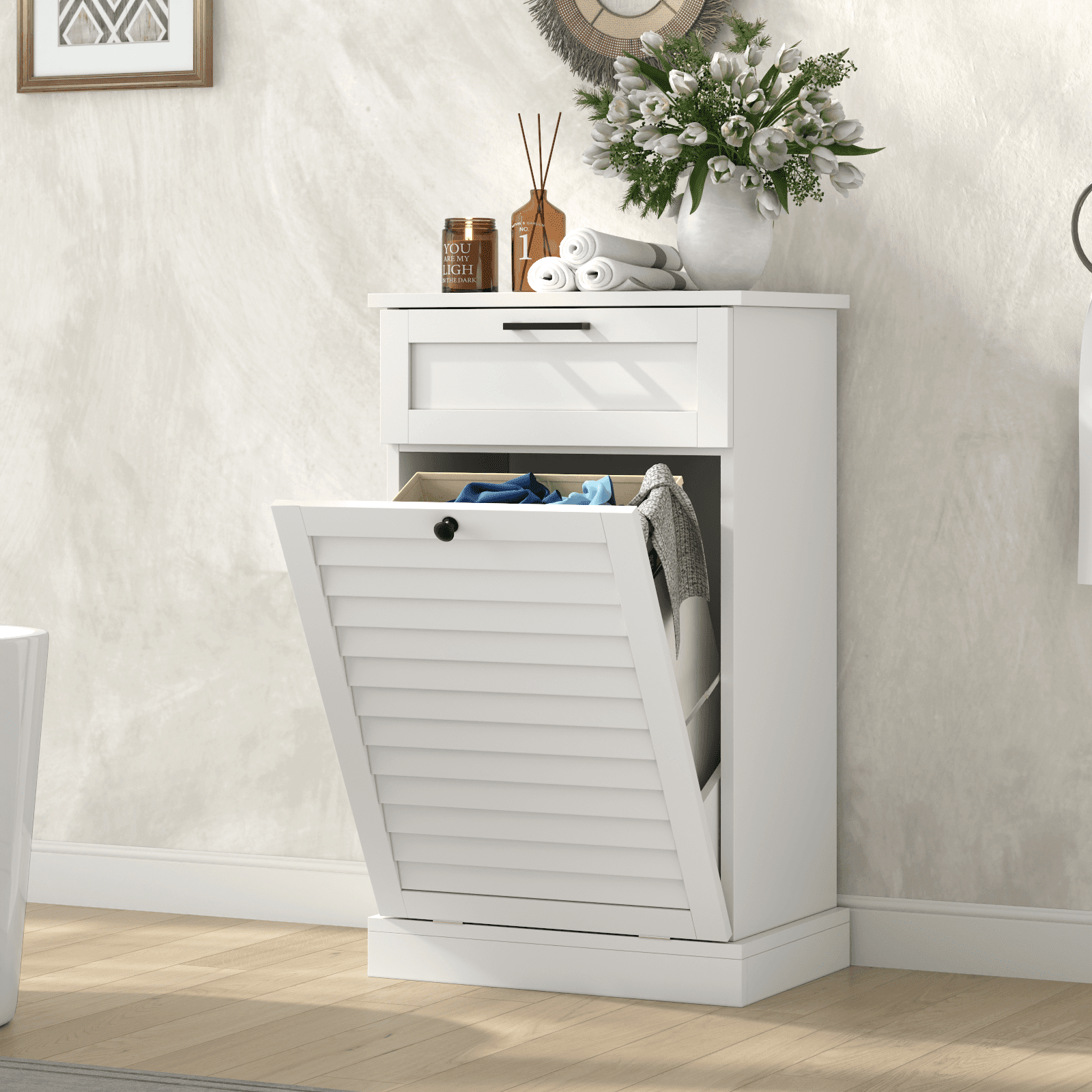 15 Gallon Tilt-Out Laundry Hamper Cabinet with Drawer, Hidden Trash Can Cabinet with Shutter Door & Laundry Basket for Bathroom & Kitchen – White (Single)
