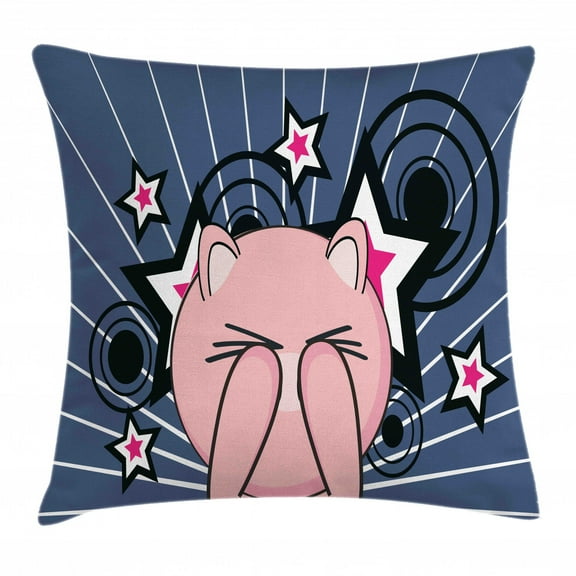 Pig Throw Pillow Cushion Cover, Lovely Piggie Closing Eyes with Stars Background, Decorative Square Accent Pillow Case, 24" X 24", Dark Indigo Magenta Pale Pink and Charcoal Grey, by Ambesonne