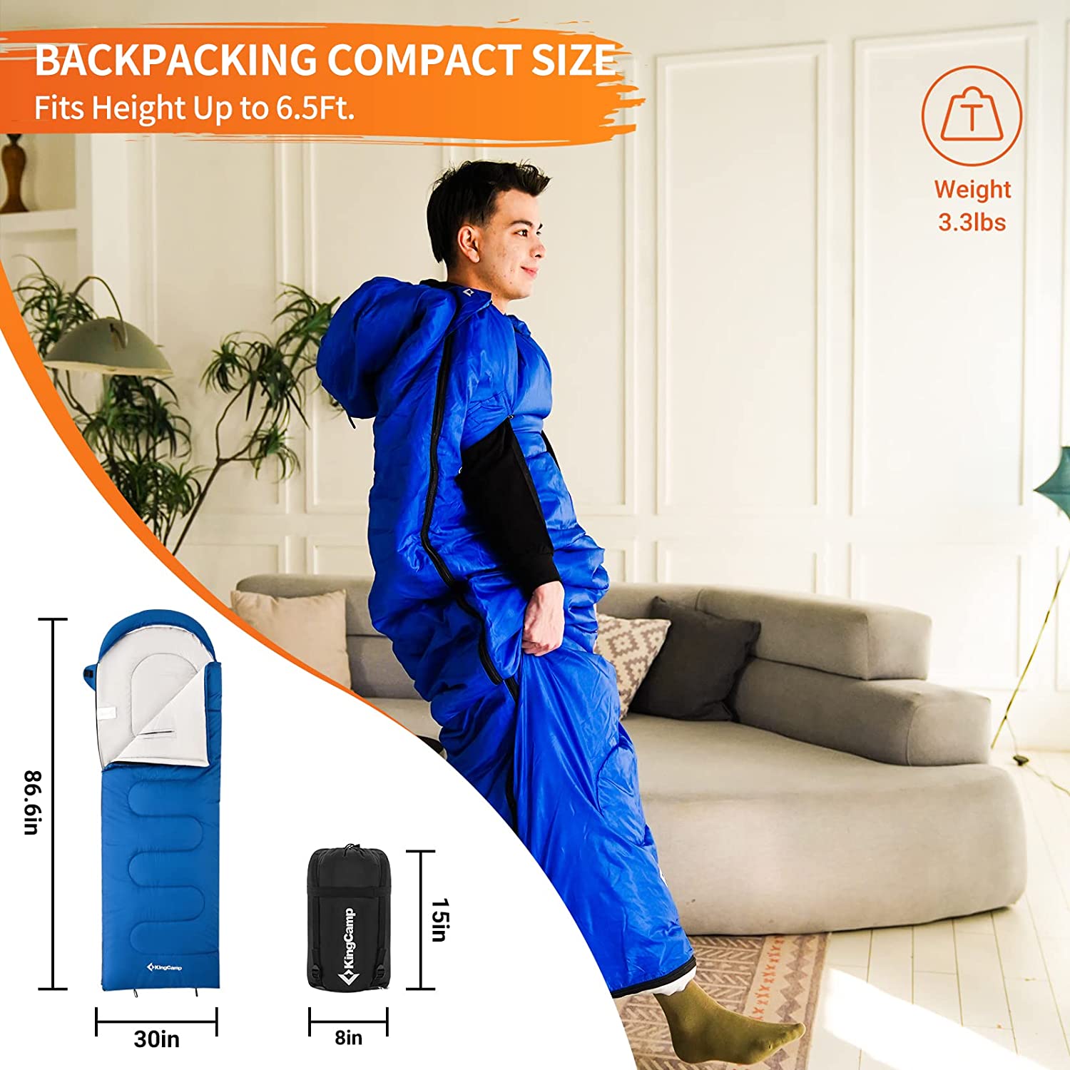 KingCamp Camping Sleeping Bag 3 Season Waterproof Lightweight Sleeping Bag for Adults(Blue,26.6℉-53.6℉) - image 4 of 7