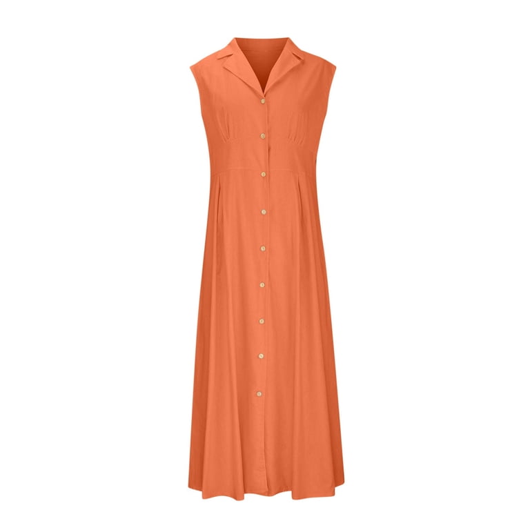 WTOBBY Lightweight Cotton Linen Dress for Women Summer Button Down Lapel  Collar Casual Sleeveless Dresses, Airy and Stylish for Hot Days,Dark Blue S