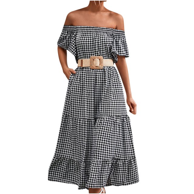 Robes d'Été pour Femmes Mode Plage Robes d'Été Décontractées Manches Courtes Vacances Plage Poches Longue Robe