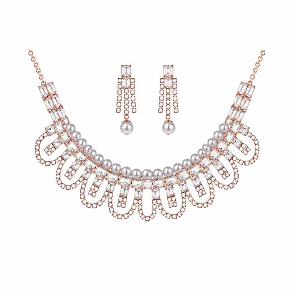 AlKhalil - Elegant Rose Gold Necklace and Earrings Set with Clear Gemstones and Lavender Pearls – Luxury Bridal, Party, and Gift Jewelry for Women