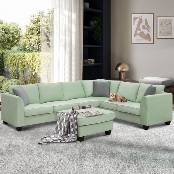 7 Seats Modular Sectional Sofa with Ottoman, L Shape Fabric Sofa Corner Couch Set Living Room Couches Sets with 3 Pillows, Green, 112" x 87"
