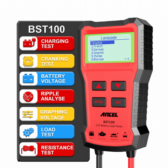 ANCEL Car Battery Tester Charger Tester 12V Battery Analyzer 100-2000CCA Voltage Battery Test Car Battery Charging Circut Load Tester Tool Batteries Scanner 12 Volts Automotive Battery Checker