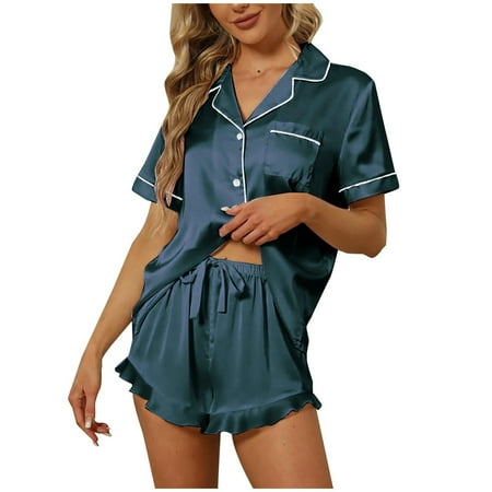 DondPO Womens Pajama Sets Silk Pajama Set For Women Shorts And Top Summer Sets Satin Button Up Pajamas Comfy 2 Sleepwear Sets Silk Pajamas For Women Womens Loungewear Set Blue L Clearance