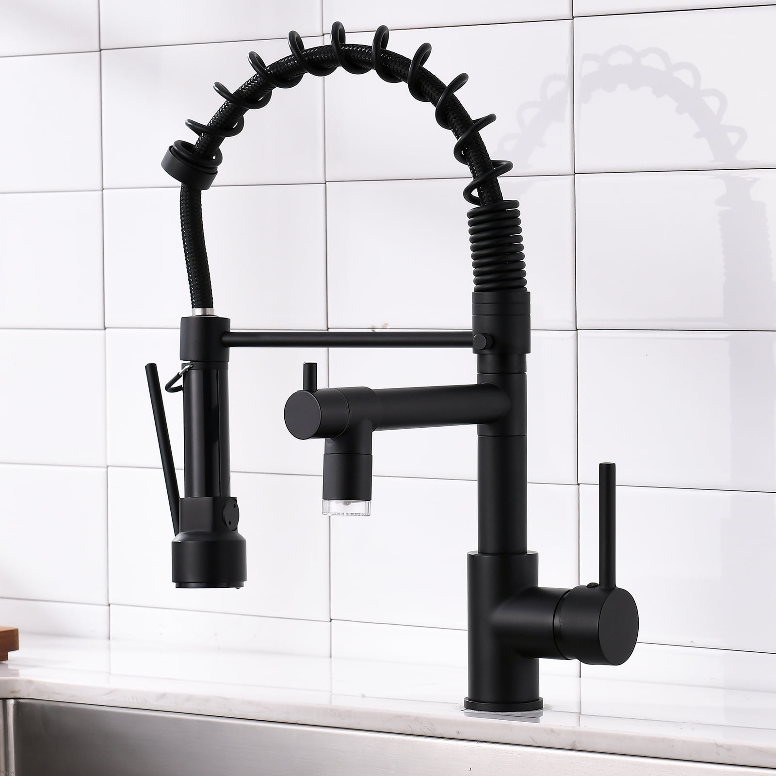 Modern LED Kitchen Faucet with Pull-Down Sprayer,Single Handle Single Lever Kitchen Sink Faucet, 2.5" x 9.25" x 19.49,Black