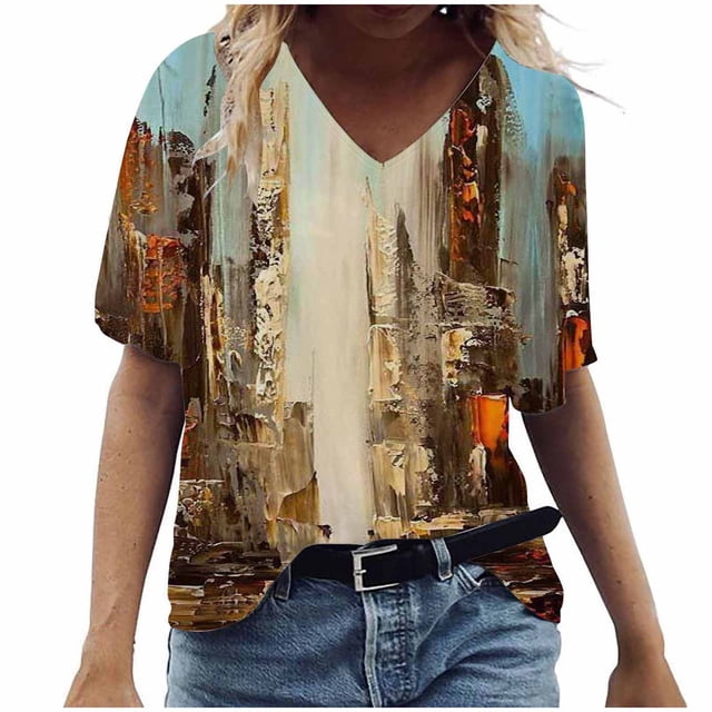 Birdeem T-Shirt à Col en V pour Femmes, Mode Décontractée, Grande Taille, Imprimé de Fleurs Pittoresques