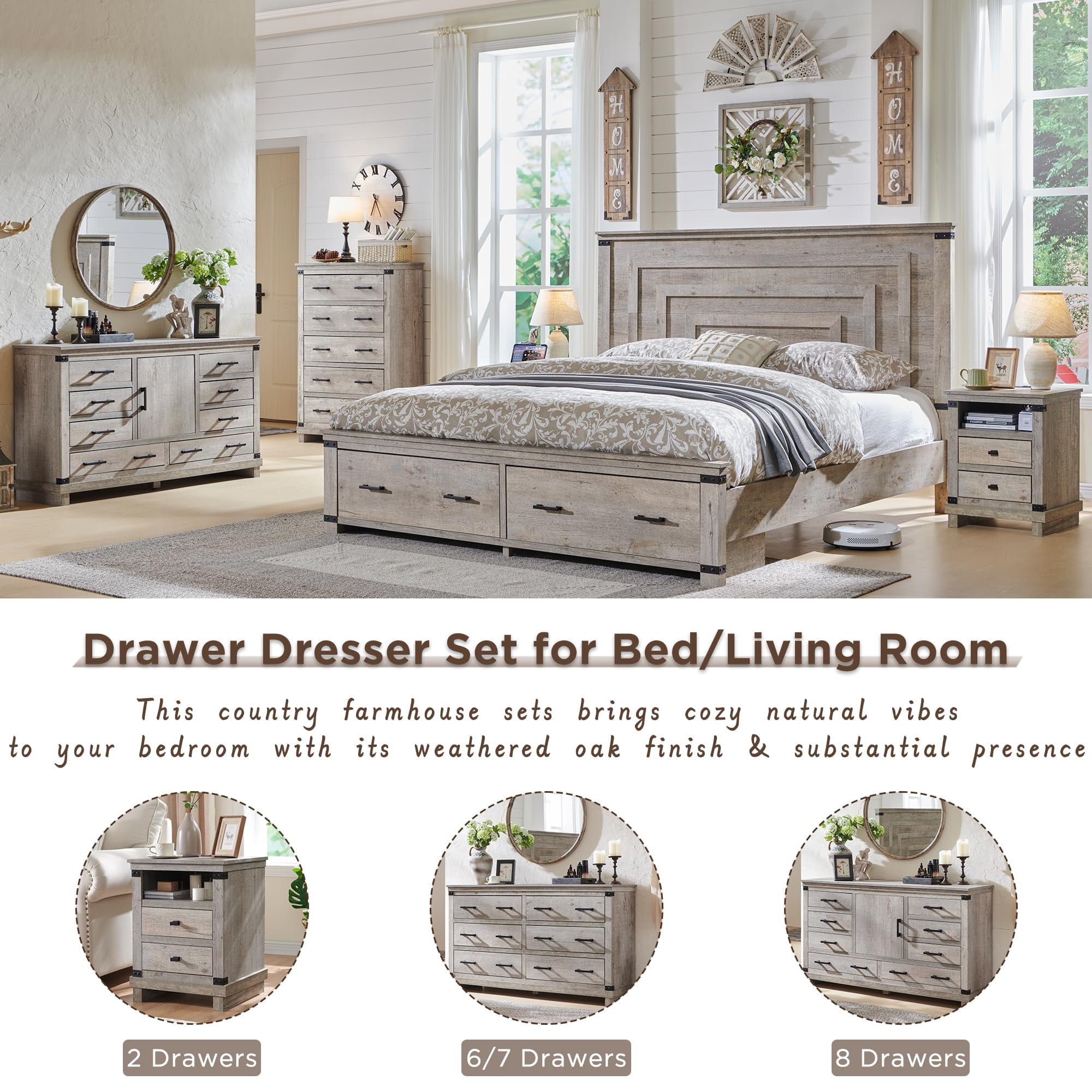 OKD Farmhouse 5 Drawers Dresser for Bedroom, Tall Chest of Drawers with Thick Plank Styling, Wood Rustic Closet Dresser for Bedroom, Living Room, Light Rustic Oak Color