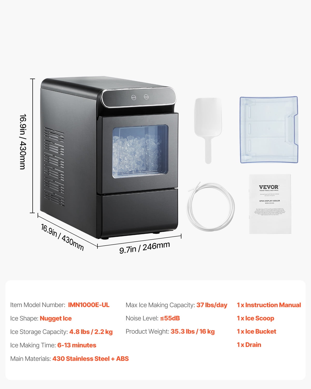 VEVOR Nugget Ice Maker, 37lbs/24H Pebble Ice Maker with Self Cleaning, Chewable Ice Maker with Ice Scoop and Basket, Stainless Steel Ice Machine with Convenient Ice Transfer for Home Kitchen Office