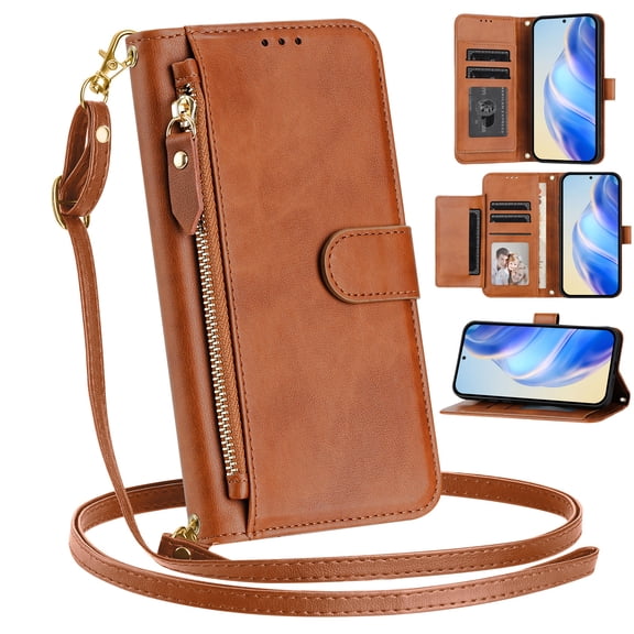 ShellTech Zipper Wallet Case for iPhone 17 Pro Max,Magnetic Closure Premium Leather Card Slots Wallet Case with Crossbody Shoulder Strap / Wrist Strap Shockproof Kickstand Cover,Brown
