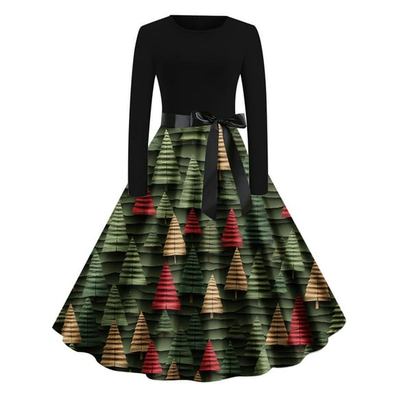 MaFYtyTPR Christmas Women's Long Dress Ladies Christmas Printed Round Neck Long Sleeve Swing Evening Gown Dresses Army Green L