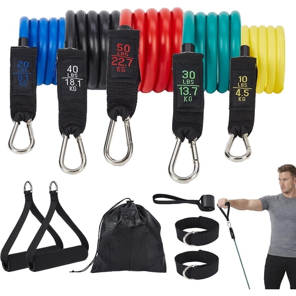 Adjustable Resistance Bands Set with Handles - 5 Piece TPE Exercise Band Kit - 10 to 150 lbs Resistance for Strength Training Stretching and Home Fitness - Multicolor