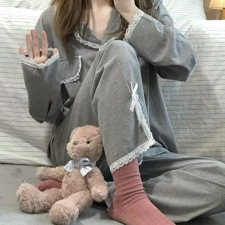 

CoCopeaunt Korean Style Plaid Womens Pajamas Sleepwear Set Woman 2 Pieces Winter Long Sleeve Top with Pants Suits Pijama Pyjamas