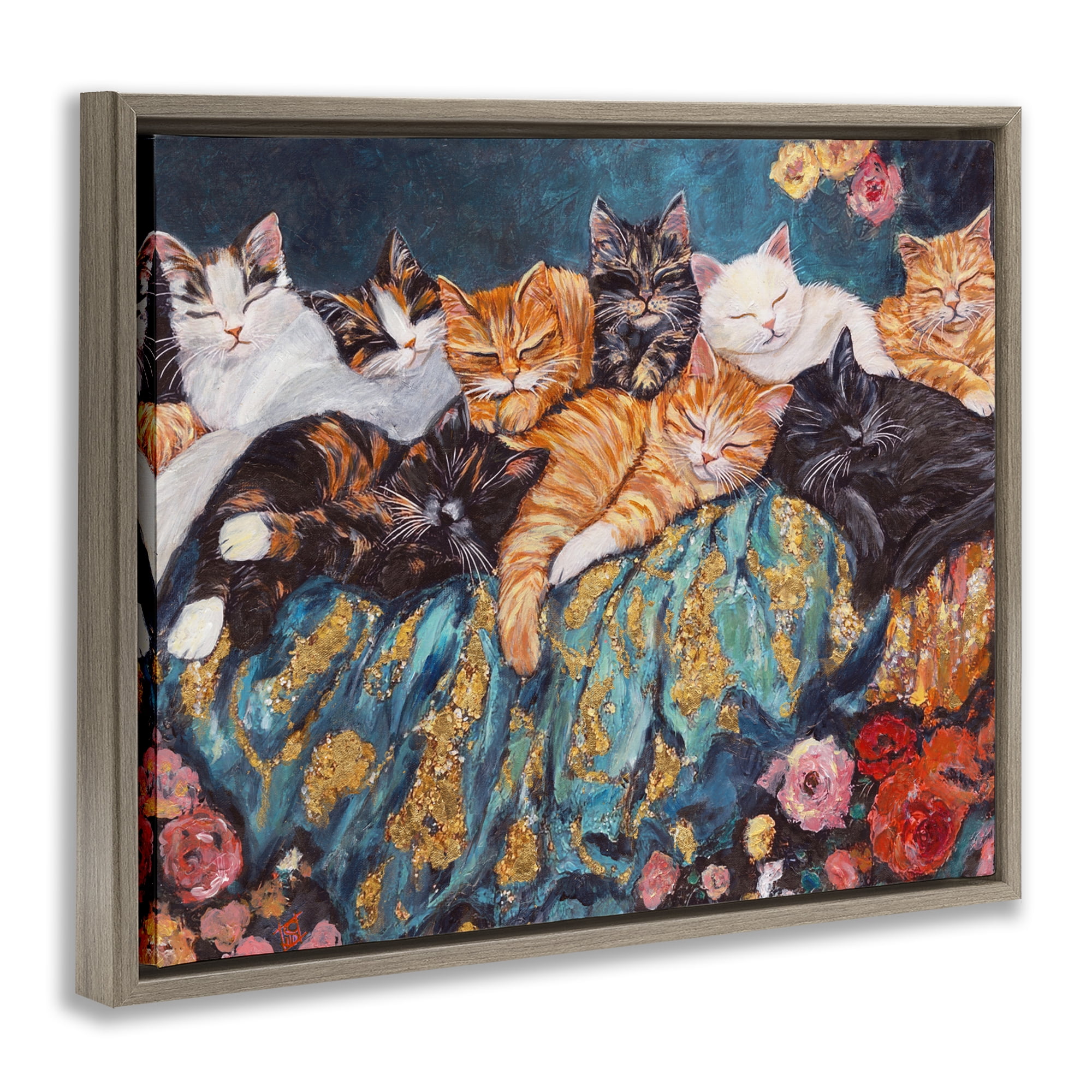Sleepy Kitty Crowd with Flowers Brown Framed Floater Canvas Wall Art, design by Sara Culpepper