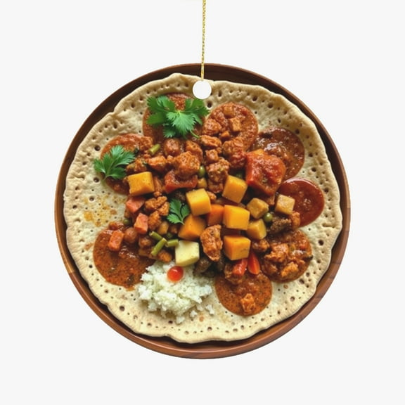 Ethiopian Injera Platter with Vegetables & Sauces Eithiopia Cuisine Food Lovers Foodie Novelty Holiday Christmas Ornament Xmas Tree Gift (Flat Design Printed on Ceramic, NOT 3D)