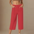 thumbnail image 2 of FRSASU Women's Pants Casual Solid Color Button Elastic Waist Fashion Loose Cropped Pants with Pockets Red, 2 of 6