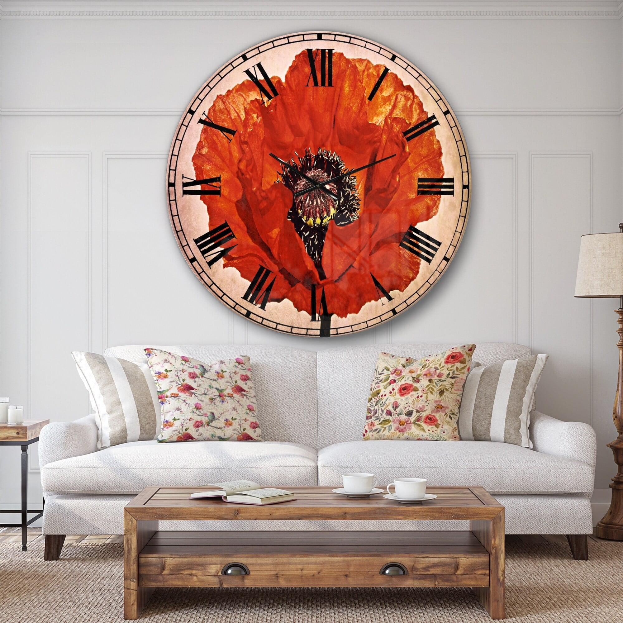 Designart 'Red Poppy Blossom Close Up' Traditional wall clock