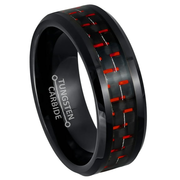 8mm Mens Black Tungsten Wedding Band, Carbon Fiber Inlay Beveled Edge Engagement Ring - TN993WAs10