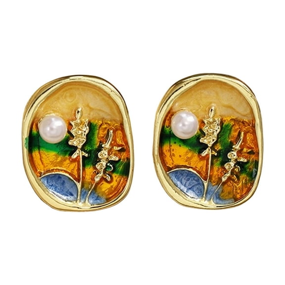 Fogun Flower Earrings Fun Ear Studs Oil Painting Flower Ear Jewelry Alloy Texture Suitable for Fashionable Teens Present