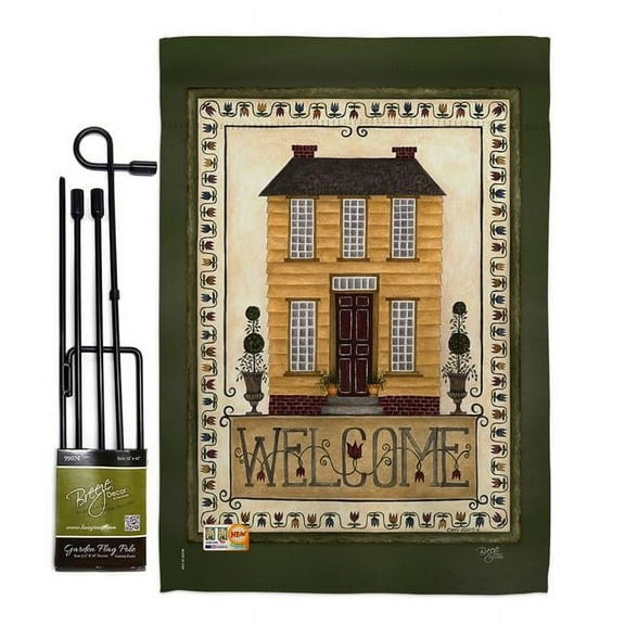 Breeze Decor BD-SH-GS-100068-IP-BO-D-US18-SB 13 x 18.5 in. Welcome Yellow House Inspirational Sweet Home Impressions Decorative Vertical Double Sided Garden Flag Set with Banner Pole