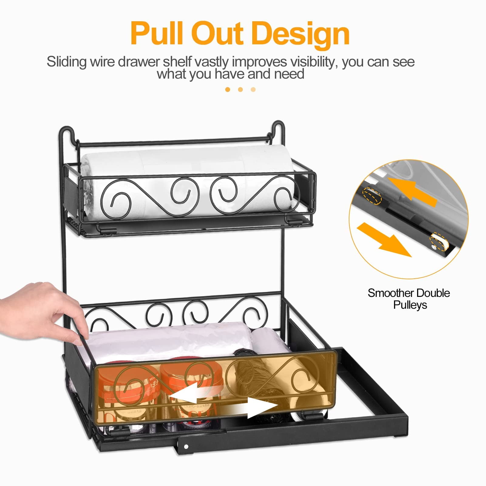 SPECILITE Bathroom Metal Under Sink Organizer, Kitchen Pull Out Counter Sliding Drawer Shelf, Black