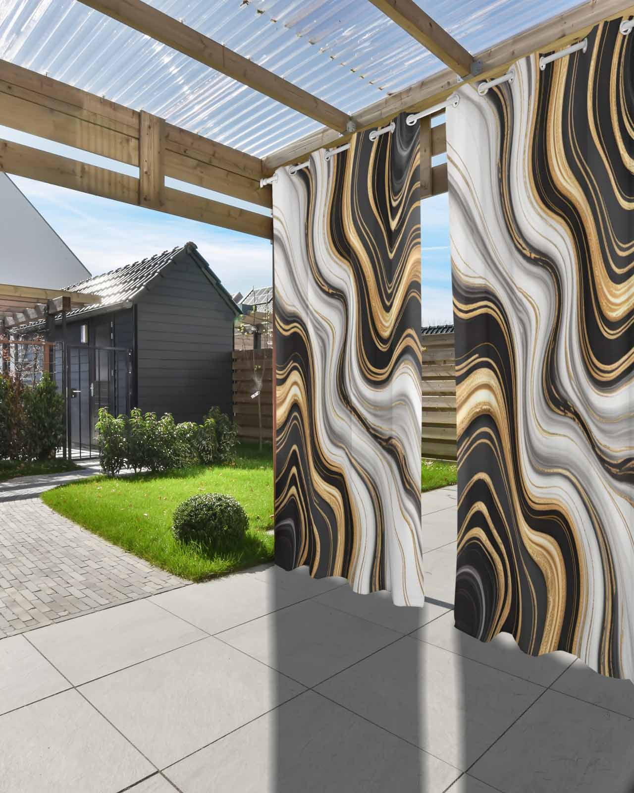 Black Golden Marble Outdoor Curtains for Patio, Gray White Ombre Abstract Texture Privacy Drapes Grommet Waterproof Outside Curtains for Porch/Cabana/Balcony 54"x 95", 2 Panel