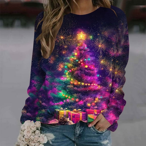 Craaazy Shirts For Women Fashion Christmas Tree Christmas Printed Loose Long Sleeve Blouse Crew Neck Hoodless Sweatshirts Gifts For Women