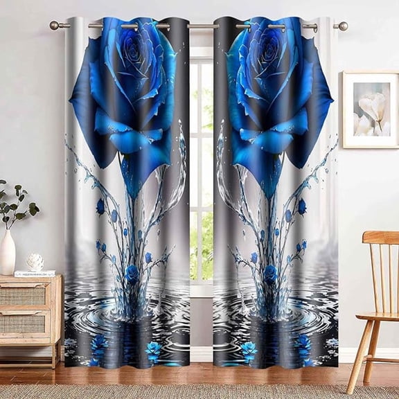 Blue Rose Floral Curtains Blue Flower Blackout Curtains Design Art Insulated Drapes For Girls Women Feminine Bedroom Living Room 42"W x 108"L (Pack of 2)