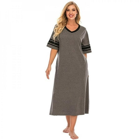 

V-neck Pajamas Dress Women Fashion Casual Nightshirt Short Sleeve Loose Nightgown Ultra-soft Sleepwear Mid-Calf Dress