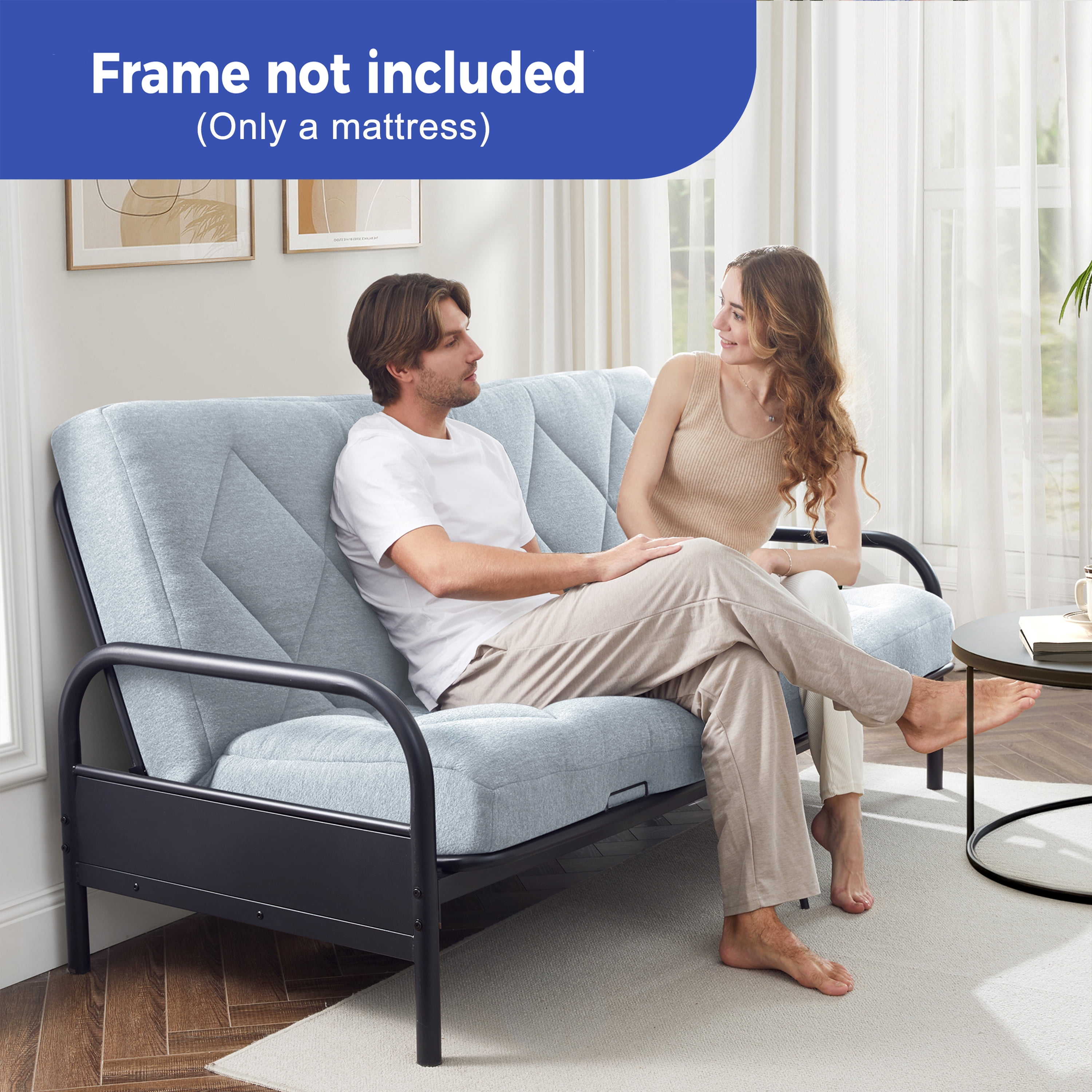 Jamdok 6" Full Size Memory Foam Futon Mattress  Replacement(Frame Not Included),Futons Sofa Couch Bed with Thickened Pillowtop Cover, Floor Mattress with Two Types of Firmness, Light Grey